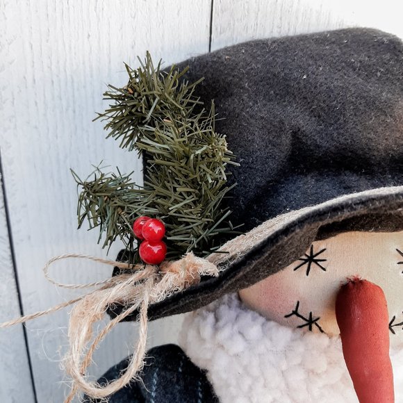 HANDMADE Primitive Country Snowman Wool Coat Stuffed Doll Christmas Decor - Picture 3 of 8